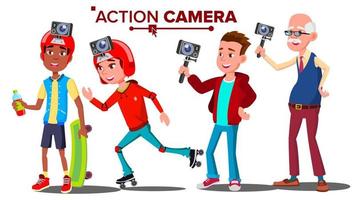 People With Action Camera Set Vector. Self Video, Portrait. Shooting Process. Active Type Of Rest. Isolated Cartoon Illustration vector