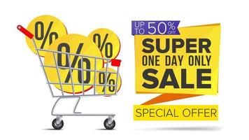 Shopping Cart With Big Sale Banner Vector. Up To 50 Percent Off. Sale Banner Tag. Price Labels. Isolated Illustration vector