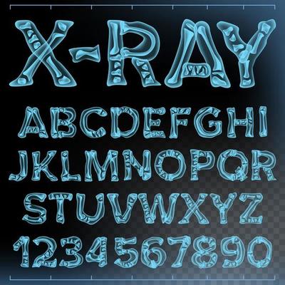 X-ray Font Vector. Transparent Roentgen Alphabet. Radiology 3D Scan. Abc. Blue Bone. Medical Typography. Capitals Letters And Numbers. Isolated Illustration