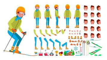 Skiing Male Vector. Animated Character Creation Set. Man Full Length, Front, Side, Back View, Accessories, Poses, Face Emotions, Gestures. Isolated Flat Cartoon Illustration vector