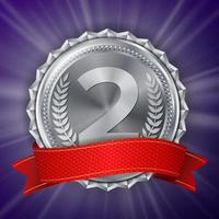 Silver Medal Vector. Round Championship Label. Ceremony Winner Honor Prize. Red Ribbon. Realistic Illustration. vector