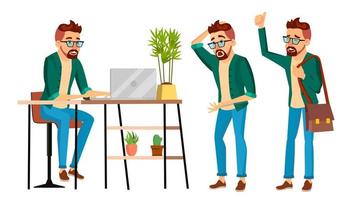 Business Man Character Vector. Hipster Working Man. Environment Process In Start Up Office, Studio. Male Programmer, Designer. Isolated On White Cartoon Business Character Illustration vector