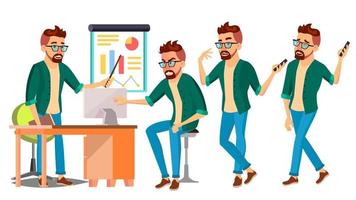 Business Man Character Vector. Hipster Working Male. Environment Process. Start Up. Casual Clothes. Worker. Full Length. Programmer, Manager. Expressions. Flat Business Character Illustration vector