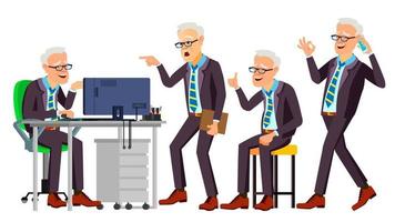 Old Office Worker Vector. Face Emotions, Various Gestures. Businessman Person. Smiling Executive, Servant, Workman, Officer. Isolated Character Illustration vector