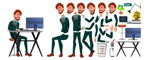 Office European Worker Vector. Face Emotions, Gestures. Animation Set. Business Man. Professional Cabinet Workman, Officer, Clerk. Isolated Cartoon Character Illustration vector