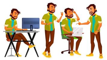 Office Worker Vector. Indian Businessman Worker. Animated Elements. Poses. Front, Side View. Happy Job. Partner, Clerk, Servant, Employee. Isolated Flat Cartoon Illustration vector