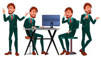 Office European Worker Vector. Adult Business Male. Successful Corporate Officer, Clerk, Servant. Scene Generator. Isolated Flat Character Illustration vector