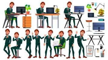 Office European Worker Vector. Face Emotions. Businessman Person. Poses. Front, Side View. Smiling Executive, Servant, Workman, Officer. Isolated Character Illustration vector