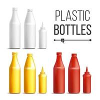 vector de botellas de plástico blanco, rojo, amarillo en blanco. 3d realista en blanco. tomate rojo de plástico, mostaza, salsa, botellas de mayonesa. maqueta buena para el diseño de marca. aislado en la ilustración de fondo blanco