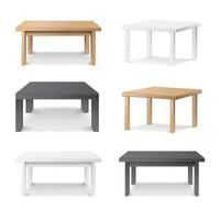 vector de conjunto de mesa vacía. madera, plástico, blanco, negro. Mobiliario aislado, tarima. plantilla para presentación de objetos. ilustración vectorial realista.