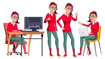 Office Worker Vector. Woman. Happy Clerk, Servant, Employee. Poses. Emo, Freak. Business Woman Person. Lady Emotions, Gestures. Flat Character Illustration vector