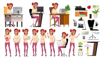 Office Worker Vector. Woman. Poses Set. Lifestyle Generator. Productivity. Successful Officer, Clerk, Servant. Front, Side View. Business Woman Worker. Face Emotions, Gestures. Isolated Illustration vector