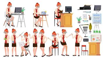 Office Worker Vector. Woman. Professional Officer, Clerk. Adult Business Female. Lady Face Emotions, Various Gestures. Isolated Cartoon Illustration vector