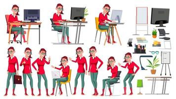 Office Worker Vector. Woman. Successful Officer, Clerk, Servant. Emo Hairstyle. Poses. Business Woman Worker. Face Emotions, Gestures. Isolated Flat Illustration vector