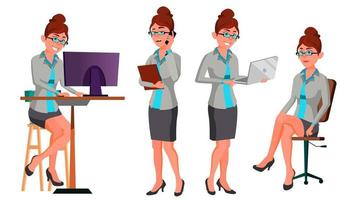 Office Worker Vector. Woman. Happy Clerk, Servant. Employee. Business Human. Secretary. In Action. Front, Side View. Face Emotions, Various Gestures. Animation Creation Set. Illustration vector