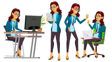 Office Worker Vector. Woman. Servant, Employee. Front, Side View. Poses. Business Woman Person. Accountant. Lady Emotions, Various Gestures. Flat Character Illustration vector