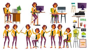 Office Worker Vector. Woman. Modern Employee, Laborer. Poses. Business Worker. Office. Face Emotions, Various Gestures. Animation Creation Set. Isolated Cartoon Character Illustration vector