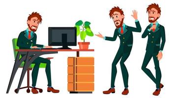 Office Worker Vector. Businessman Worker. Poses. Animated Elements. Front, Side View. Happy Job. Partner, European Clerk, Servant, Employee. Isolated Flat Cartoon Illustration vector