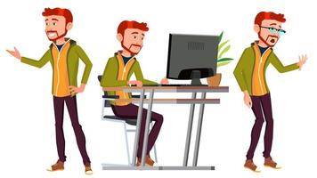 Office Worker Vector. Face Emotions, Various Gestures. Businessman Person. Poses. Front, Side View. Office. Smiling Executive, Servant, Workman, Officer. Isolated Character Illustration vector
