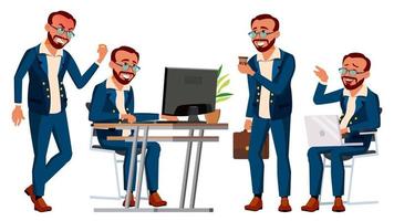 Office Worker Vector. Face Emotions, Gestures. Poses. Businessman Person. Turk. Front, Side View. Smiling Executive, Servant, Workman, Officer. Isolated Character Illustration vector