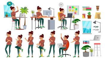 Business Woman Character Set Vector. Working People Set. Office, Creative Studio. Female Business Situation. Girl Programmer, Designer, Manager. Poses, Emotions. Cartoon Character Illustration vector