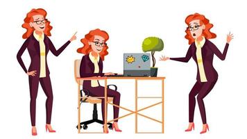 Office Worker Vector.Woman. Successful Officer, Clerk, Servant. Adult Business Woman. Face Emotions, Various Gestures. Isolated Flat Cartoon Illustration vector