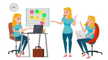 Business Woman Character Vector. Working Female, Girl. Team Room. Desk. Brainstorming. Environment Process. Start Up Office. Effective Programmer Designer. Lifestyle Situations. Character Illustration vector