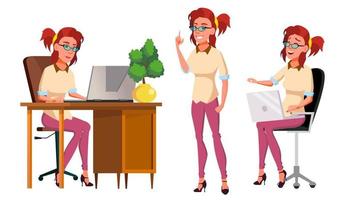 Office Worker Vector. Woman. Scene Generator. In Action. Happy Clerk, Servant, Employee. Front, Side View. Business Woman Person. Lady Face Emotions, Various Gestures. Flat Character Illustration vector