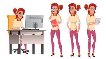 Office Worker Vector. Woman. Happy Clerk, Servant, Employee. In Action. Business Human. Face Emotions, Various Gestures. Isolated Character Illustration vector