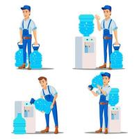 el hombre del servicio de entrega de agua establece el vector. tratamiento. bebida de oficina en botellas de plástico. alquiler de enfriadores de agua. suministro, envío. ilustración de dibujos animados plana aislada vector