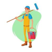 Male House Painter Vector. Classic Paintbrush. Paint Concept Of House Renovation. Cartoon Character Illustration vector