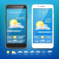 Weather Forecast App Vector. Realistic Smartphone. Weather App With Icons. Weather Icons Set. Blue Background. Mobile Weather Application Screen. Design Element Illustration