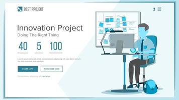 vector de plantilla de diseño de sitio web. aterrizaje de negocios. tecnología de TI. persona de dibujos animados progreso de la optimización. ilustración