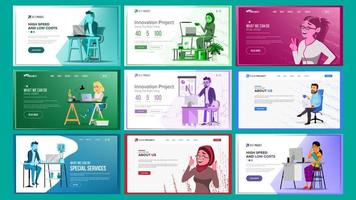 Website Design Template Set Vector. Business Project. Financial Management. Landing Page, Web, Site. Web Design And Development Architecture. Monitoring And Optimization. Cartoon Team. Illustration vector
