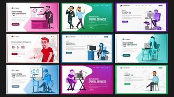 Website Design Template Set Vector. Business Landing. IT Technology. Modern Online Services Architecture. Landing Page, Web, Site. Cartoon Person. Creative Project. Optimization Progress. Illustration vector