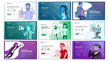 Website Design Template Set Vector. Business Interface. Responsive Banner Interface Architecture. Landing Page, Web, Site. Professional Team. Innovation Idea. Cartoon People. Illustration vector