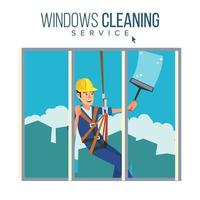 Window Washer Worker Vector. Man Cleaning Window Squeegee Spray. Window Washer Is Cleaning High Building. Cartoon Character Illustration vector