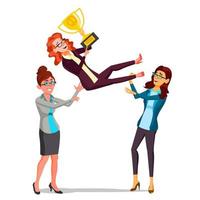 Winner Business Woman Vector. Throwing Colleague Up. Business People Celebrating Victory. With Golden Trophy. First. Prize. Flat Cartoon Illustration vector