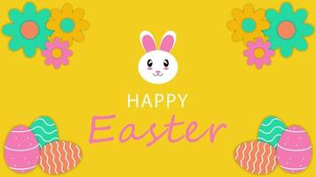 Easter banner and poster template design with Easter eggs, flower and rabbit on yellow background. Greetings and present for Easter day. Vector illustration. EPS 10.
