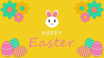 Easter banner and poster template design with Easter eggs, flower and rabbit on yellow background. Greetings and present for Easter day. Vector illustration. EPS 10.