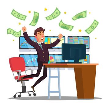 Professional Trader Vector. Online Working Trader With Monitor. Multiple Computer Screens. Flat Cartoon Illustration vector