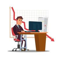 Unhappy Trader Man Vector. Trader Desk In Trader Room. Statistical Reports Spread. Investment Purposes. Isolated Flat Sad Cartoon Character Illustration vector