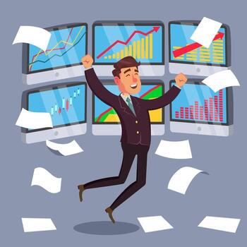 Successful Trader Vector. Stock Market Graph Diagram. Ascending Graphs. Data Analyses. Isolated On White Cartoon Character Illustration vector