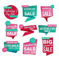 vector de conjunto de banner de venta de día de san valentín. banner de cupón de venta del 14 de febrero. pegatinas de sitios web, me encanta el diseño de páginas web. hasta un 50 por ciento de descuento en insignias de San Valentín. ilustración aislada