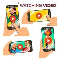 Watching Video On Smartphone Vector. Set. Mobile Phone. Red Play Symbol Button. Video Media Player Application. Isolated Flat Illustration vector