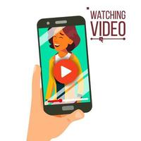 Watching Video On Smartphone Vector. Streaming Technologies. Adaptive Web Phone. Isolated Flat Illustration vector