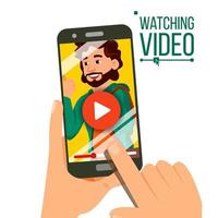 Watching Video On Smartphone Vector. Video Player On Screen. Red Play Symbol Button. Finger Touch Screen. Isolated Flat Illustration vector