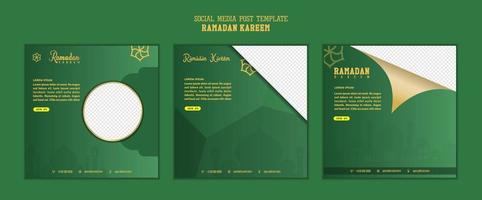 conjunto de plantillas de publicación en medios sociales en fondo cuadrado con un diseño de adorno simple para ramadan kareem y eid mubarak vector