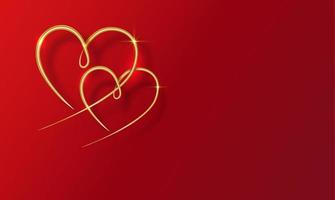 Marriage rings. Two golden interlocking hearts isolate on red background. Happy valentine's day concept, 3d vector illustration, copy space luxury banner