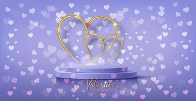Stage podium decorated with gold hearts shape lighting. Pedestal scene with for product, advertising, show, award ceremony, on purple background. Valentines day background. Minimal style. Vector